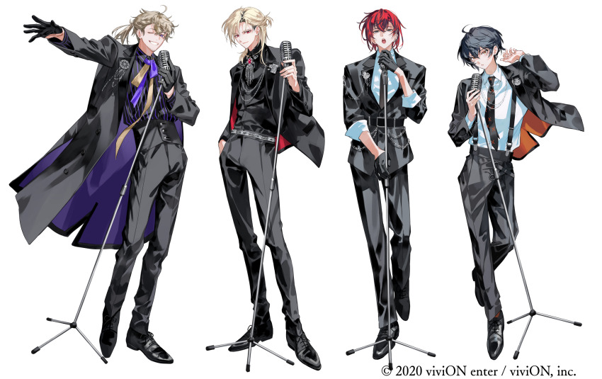4boys ahoge belt belt_buckle belt_chain black_belt black_coat black_footwear black_gloves black_hair black_jacket black_necktie black_pants black_shirt black_suit blonde_hair brooch buckle clock_over_orquesta closed_mouth coat collar_chain_(jewelry) collared_shirt copyright_notice cross-laced_footwear crossed_bangs cuff_links curtained_hair dress_pants earrings facial_hair formal_clothes full_body fuwa_tokihito gem gloves green_eyes grin hair_between_eyes half_gloves half_updo hand_in_pocket hand_up high-waist_pants highres holding holding_microphone_stand jacket jewelry lapel_pin lapels light_brown_hair lineup long_sleeves looking_at_viewer male_focus medium_hair microphone microphone_stand multiple_boys neck_ribbon necktie notched_lapels official_art one_eye_closed open_clothes open_coat open_jacket open_mouth orange_eyes outstretched_arm pants pinstripe_pattern pinstripe_shirt ponytail puckered_lips purple_eyes purple_ribbon red_eyes red_gemstone red_hair ribbon sakurakoji_nika shirt shirt_tucked_in shoes short_hair sleeves_rolled_up smile standing stubble suit suit_jacket suspenders teeth tokito_ichiya tsuyuri_azuma two-sided_coat two-sided_fabric two-sided_jacket two-tone_ribbon ugonba_(howatoro) upper_teeth_only vintage_microphone white_background white_shirt yellow_ribbon