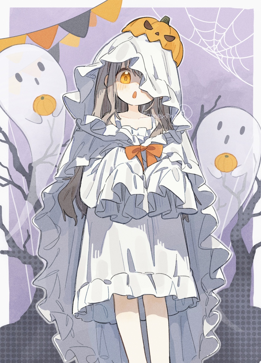 1girl :o absurdres bare_tree bow commentary_request dress feet_out_of_frame ghost ghost_costume grey_hair halloween halloween_costume hands_up highres holding holding_pumpkin jack-o&#039;-lantern jack-o&#039;-lantern_hat komerina looking_at_viewer orange_bow original pennant pumpkin pumpkin_hat sidelocks signature silk sleeves_past_fingers sleeves_past_wrists solo spider_web string_of_flags tree veil white_dress white_veil yellow_eyes