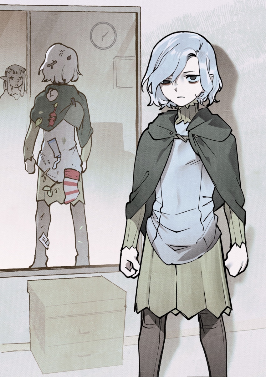1boy 1girl bags_under_eyes black_eyes boots braid cloak clock commentary_request dungeon_meshi elf feet_out_of_frame full-length_mirror gapamopa gorget green_cloak grey_hair half-dressed_in_the_mirror_(meme) half_up_braid highres hood hooded_cloak indoors korean_commentary lazy_eye long_sleeves looking_at_viewer male_focus mandrake meme mirror mithrun nintendo notched_ear pattadol pikmin_(series) pointy_ears red_pikmin reflection shirt short_hair smile solo standing thigh_boots trash tunic twig uneven_eyes wavy_hair