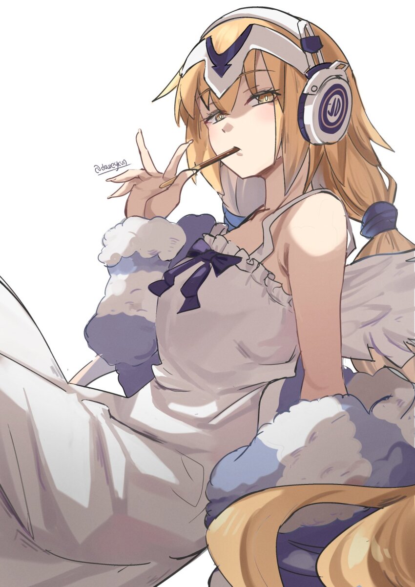 1girl angel_wings blonde_hair daweykun dress fate/grand_order fate_(series) fingernails food food_in_mouth headphones highres jeanne_d&#039;arc_(fate) long_hair metatron_jeanne_(fate) metatron_jeanne_(second_ascension)_(fate) pocky pocky_in_mouth twitter_username white_background white_dress wings yellow_eyes