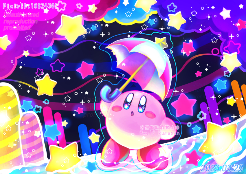 :o arm_up artist_name blue_eyes blush blush_stickers cloud commentary_request copy_ability dated holding holding_umbrella kirby kirby_(series) kumaoka_pon neon_palette night night_sky nintendo no_humans open_mouth parasol parasol_kirby pixel_star pixiv_id sky solo sparkle star_(sky) star_(symbol) star_in_eye symbol_in_eye twitter_username umbrella watermark