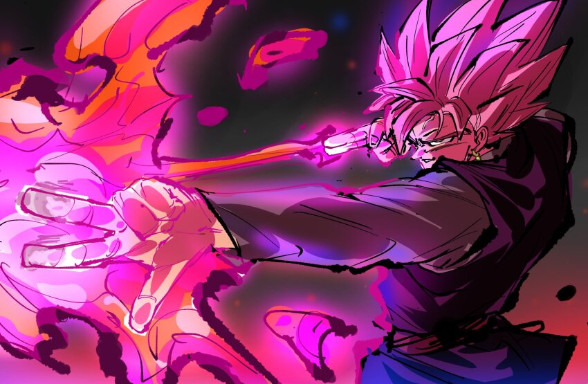 1boy arrow_(projectile) black_bodysuit bodysuit dougi dragon_ball dragon_ball_super earrings energy energy_weapon goku_black grey_eyes highres jewelry jujutsu_kaisen long_sleeves looking_ahead pink_hair potara_earrings red_sash rz28kp saiyan sash solo spiked_hair super_saiyan super_saiyan_rose