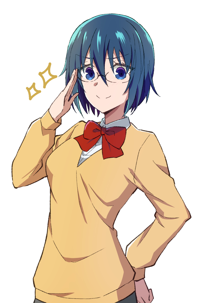 1girl adjusting_eyewear azami_masurao blue_eyes blue_hair bow bowtie cardigan ciel_(tsukihime) closed_mouth collared_shirt commentary_request cosplay glasses hair_between_eyes hand_on_own_hip highres long_sleeves looking_at_viewer red_bow school_uniform shirt short_hair simple_background smile solo tsukihime tsukihime_(remake) white_background white_shirt yellow_cardigan yumizuka_satsuki yumizuka_satsuki_(cosplay)