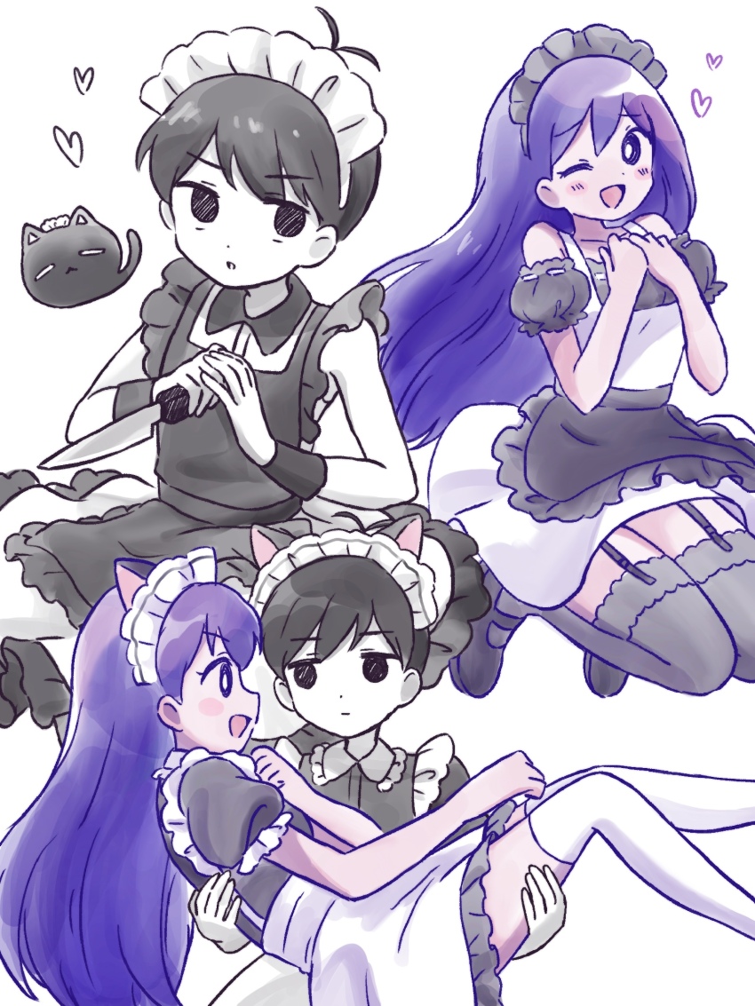 1boy 1girl alternate_costume animal_ears antenna_hair black_eyes black_hair black_thighhighs blush brother_and_sister carrying cat cat_ears closed_mouth colored_skin enmaided expressionless fake_animal_ears garter_straps heart highres holding holding_knife knife looking_at_another maid maid_headdress mari_(headspace)_(omori) mari_(omori) mewo mihimihi31 omori omori_(omori) one_eye_closed open_mouth parted_lips princess_carry puffy_short_sleeves puffy_sleeves purple_eyes purple_hair short_hair short_sleeves siblings simple_background sleeveless smile thighhighs white_background white_skin white_thighhighs