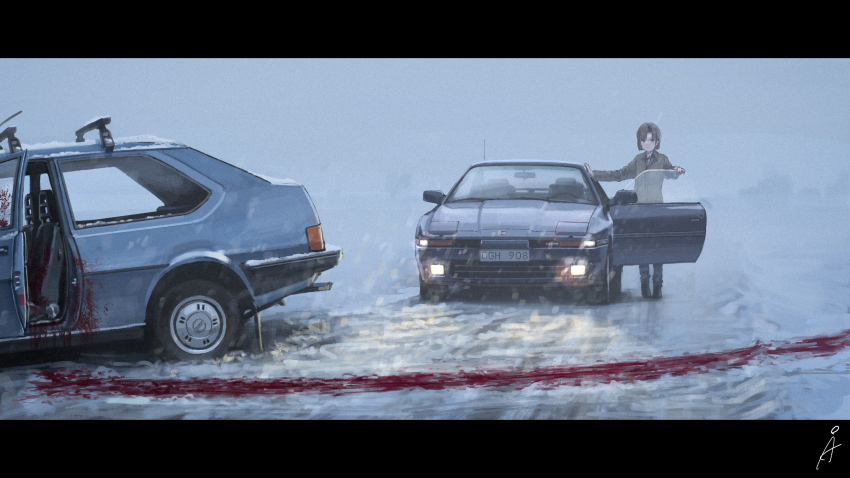 1girl blood blood_splatter blood_trail brown_hair brown_jacket car commentary_request highres horror_(theme) jacket license_plate motor_vehicle original rudeko32 short_hair snow snowing solo standing toyota toyota_supra toyota_supra_mk_iii