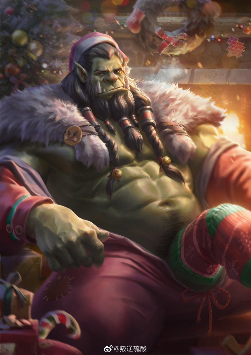 1boy 6suan abs alternate_costume bara bare_pectorals beard black_hair bulge christmas christmas_tree colored_skin erection erection_under_clothes facial_hair fangs green_skin hat highres jacket large_pectorals long_hair looking_at_viewer male_focus male_pubic_hair mature_male monster_boy muscular muscular_male navel navel_hair nipples open_clothes open_jacket orc pants pectorals pointy_ears pubic_hair red_pants santa_costume santa_hat sitting sock_on_penis socks solo spread_legs stomach thick_thighs thighs thrall warcraft
