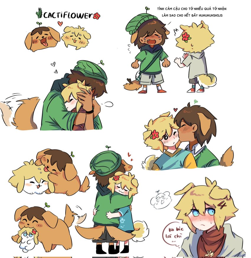 2boys alternate_costume animal_ears animalization basil_(faraway)_(omori) basil_(omori) beanie black_eyes blonde_hair blue_eyes bright_pupils brown_hair closed_eyes corrupted_twitter_file crying dark-skinned_male dark_skin dog_boy dog_ears dog_tail fang flower green_hat green_socks grey_hoodie grey_shorts hair_flower hair_ornament hat highres hood hoodie kel_(faraway)_(omori) kel_(omori) kemonomimi_mode male_focus multiple_boys ni12345670 omori one_eye_closed open_mouth red_footwear shoes short_hair short_sleeves shorts simple_background sneakers socks speech_bubble tail thought_bubble translation_request vietnamese_text white_background white_pupils white_socks
