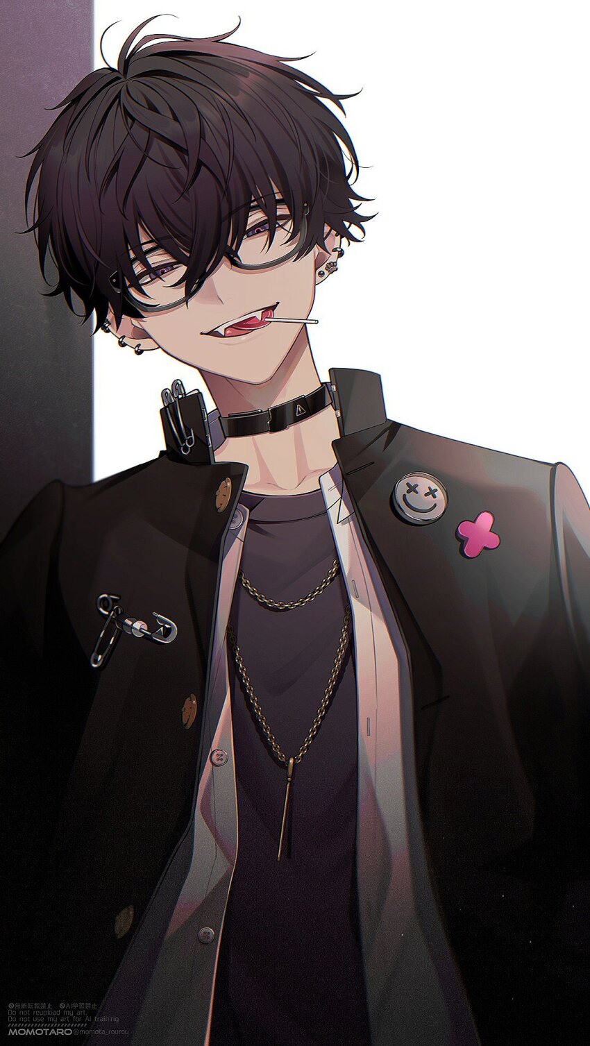 1boy artist_name badge black-framed_eyewear black_choker black_hair black_jacket button_badge buttons candy chain chain_necklace choker collared_shirt crossed_bangs ear_piercing earrings fangs food glasses hair_between_eyes hashtag-only_commentary highres jacket jewelry lollipop lollipop_in_mouth long_sleeves looking_at_viewer male_focus momota_rou necklace nijisanji open_clothes open_jacket open_mouth open_shirt paw_earrings piercing purple_eyes purple_shirt safety_pin saiki_ittetsu shirt short_hair smile solo teeth upper_body upper_teeth_only virtual_youtuber watermark white_shirt
