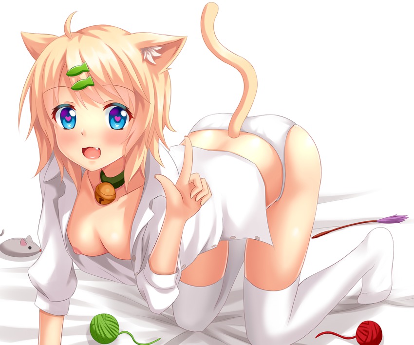1girl ahoge all_fours animal_ear_fluff animal_ears bad_id bad_pixiv_id bell blonde_hair blue_eyes blush breasts cat_ears cat_tail fang female_focus hair_ornament hairclip heart heart-shaped_pupils jingle_bell kagamine_rin looking_at_viewer medium_breasts nipple_slip nipples nottytiffy open_clothes open_mouth open_shirt panties shirt short_hair smile solo symbol-shaped_pupils tail thighhighs toy underwear vocaloid white_panties white_thighhighs wool