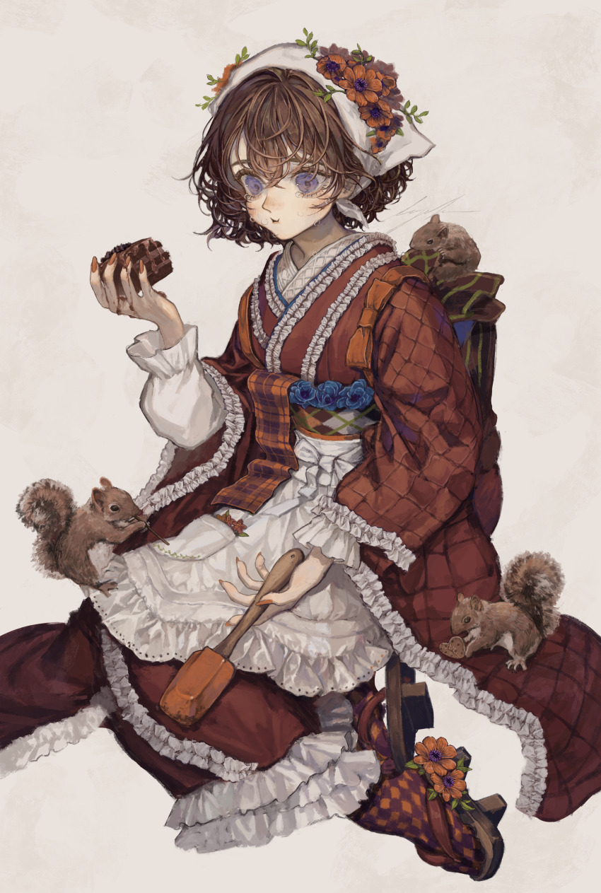 1girl absurdres brown_hair eating flower food furisode highres holding holding_food japanese_clothes kimono maid original print_kimono sayoko_(sayosny2) squirrel taishou wa_maid