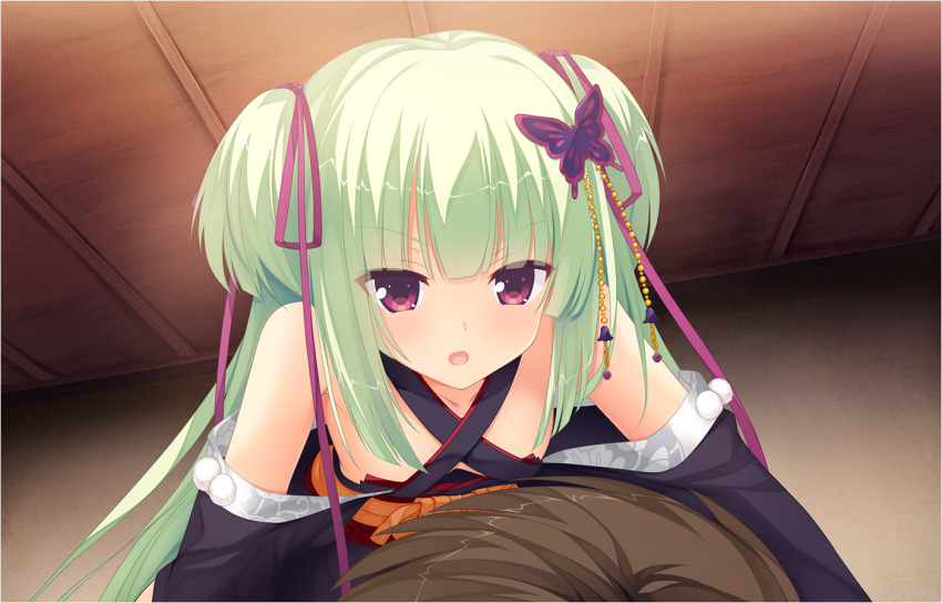1boy 1girl arichi_masaomi bare_shoulders black_kimono blunt_bangs blunt_ends blush butterfly_hair_ornament criss-cross_halter eyes_visible_through_hair frown game_cg girl_on_top green_hair hair_ornament hair_ribbon halterneck indoors japanese_clothes kimono long_hair long_ribbon long_sleeves looking_at_another looking_down murasame_(senren) muririn non-web_source official_art open_mouth otogi_frontier pom_pom_(clothes) purple_ribbon red_eyes red_sash ribbon sash senren_banka sidelocks solo_focus straight_hair tsurime two_side_up upper_body v-shaped_eyebrows variant_set wide_sleeves
