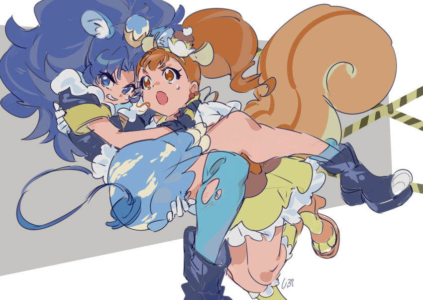 2girls absurdres animal_ear_fluff animal_ears ankle_socks arisugawa_himari asymmetrical_legwear big_hair black_boots black_gloves black_jacket blue_eyes blue_hair blue_skirt blue_theme boots brown_eyes brown_hair brown_sandals brown_skirt bubble_skirt carrying caution_tape cherry_earrings clenched_teeth crown cure_custard cure_gelato earrings eyelashes food food-themed_clothes food-themed_earrings food-themed_hair_ornament food_print food_themed_earrings foot_out_of_frame frilled_skirt frilled_socks frills fur-trimmed_jacket fur_trim gloves gold_crown hair_ornament hairband hand_on_another&#039;s_back hand_on_another&#039;s_shoulder high_heel_sandals high_side_ponytail highres ice_cream ice_cream_cone jacket jewelry kirakira_precure_a_la_mode kneehighs large_tail leg_up lion_ears lion_girl lion_tail long_hair magical_girl mini_crown miniskirt multiple_girls open-toe_boots open_mouth paw_socks pleated_skirt pleated_sleeves precure princess_carry pudding ringlets running sandals shipu_(gassyumaron) shirt short_sleeves signature single_sock single_thighhigh skirt socks squirrel_ears squirrel_girl squirrel_tail sweatdrop tail tareme tategami_aoi teeth thighhighs torn_clothes torn_thighhighs two-tone_skirt v-shaped_eyebrows wavy_hair white_background white_gloves white_shirt white_skirt yellow_hairband yellow_skirt yellow_socks