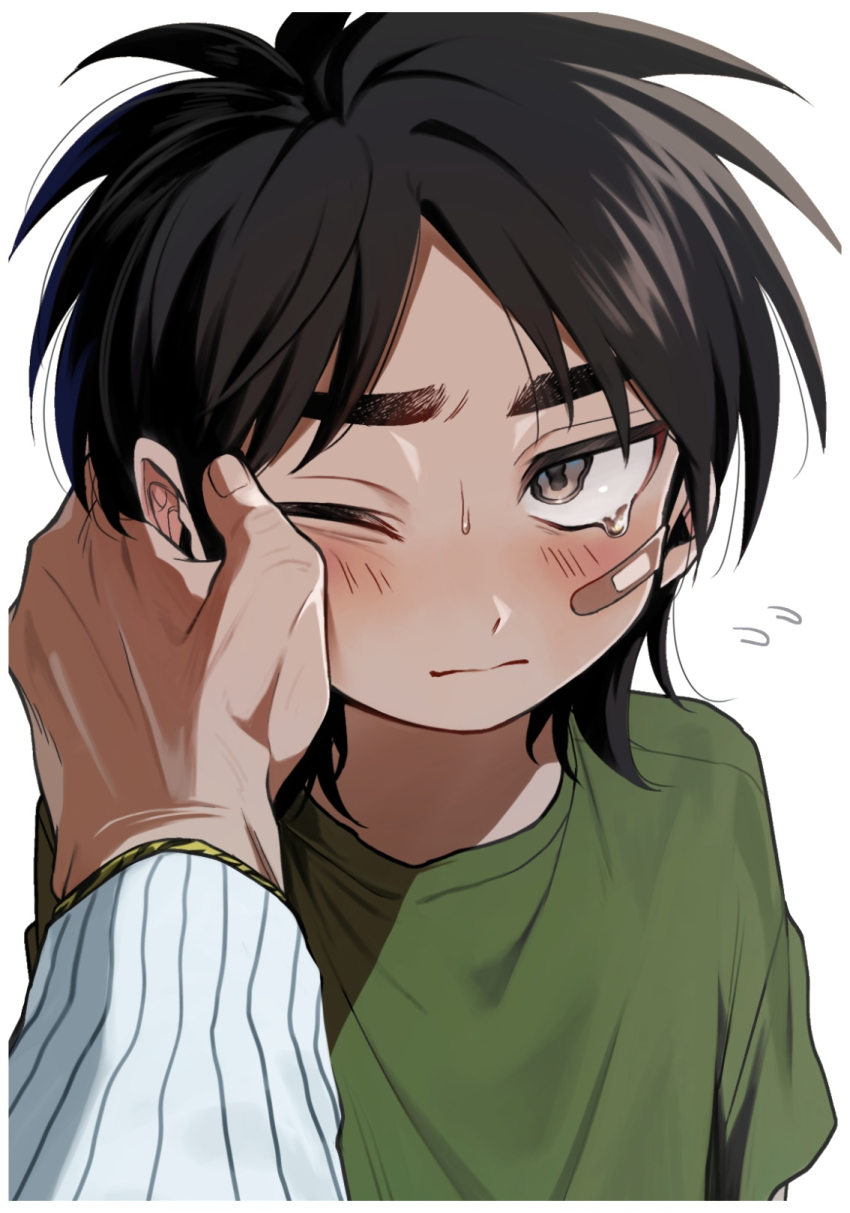 2boys aged_down akagi_shigeru animal_print bandaid bandaid_on_cheek bandaid_on_face black_hair blush closed_mouth fukumoto_mahjong green_shirt highres itou_kaiji kaiji long_hair looking_at_viewer male_focus multiple_boys niwatori_panda one_eye_closed pov pov_hands shirt simple_background solo_focus t-shirt ten_(manga) tiger_print upper_body white_background