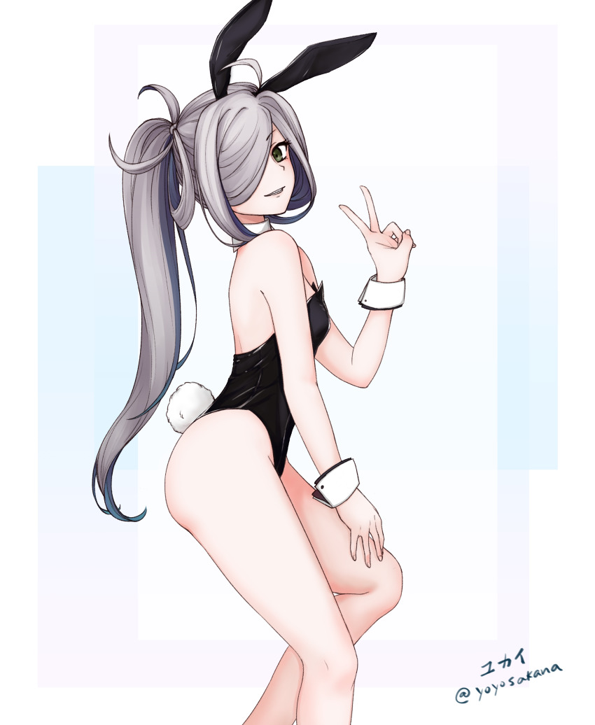 1girl absurdres ahoge alternate_costume animal_ears asashimo_(kancolle) black_leotard cowboy_shot dated detached_collar fake_animal_ears female_focus grey_eyes hair_over_one_eye highres kantai_collection leotard long_hair looking_at_viewer parted_lips playboy_bunny ponytail rabbit_ears rabbit_girl rabbit_tail sharp_teeth silver_hair solo strapless strapless_leotard tail teeth twitter_username v wrist_cuffs yukai_(xiaoyu13298276)