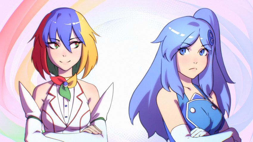 2girls absurdres bare_shoulders blonde_hair blue_eyes blue_hair breasts closed_mouth collarbone crossed_arms elbow_gloves gloves google_chrome google_chrome_(merryweather) green_eyes green_hair hair_between_eyes hair_ornament highres huge_filesize ilya_kuvshinov internet_explorer internet_explorer_(merryweather) internet_explorer_(webcomic) long_hair looking_at_another medium_breasts multicolored_eyes multicolored_hair multiple_girls one_side_up personification red_eyes red_hair serious short_hair smile upper_body white_gloves