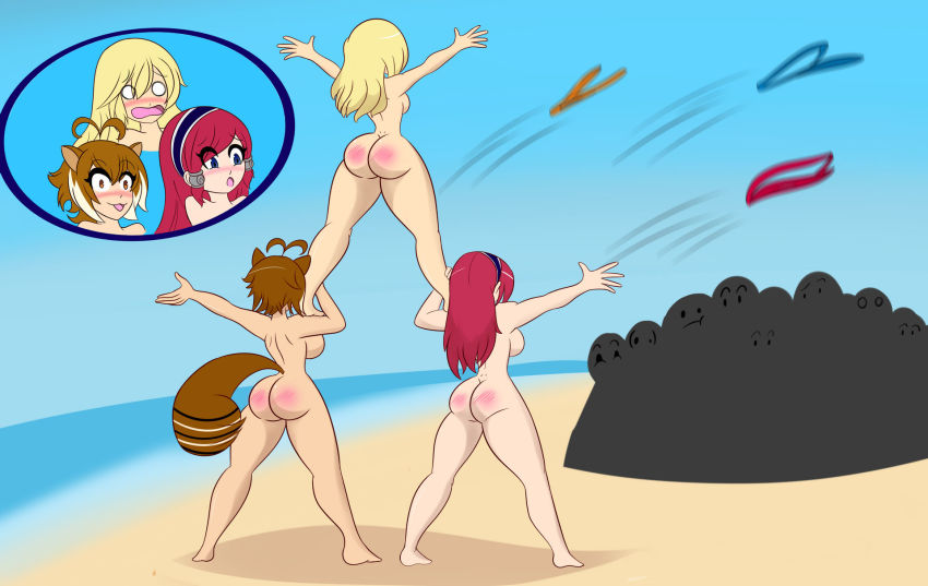 3girls animal_ears ass backboob beach blazblue blonde_hair blue_sky blush breasts brown_hair cartoon_network ed_edd_n_eddy highres human_pyramid large_breasts makoto_nanaya medium_breasts multiple_girls noel_vermillion nude ocean orange_eyes outdoors parody public_indecency red_hair sand sky squirrel_ears squirrel_tail standing tail tsubaki_yayoi wardrobe_malfunction water