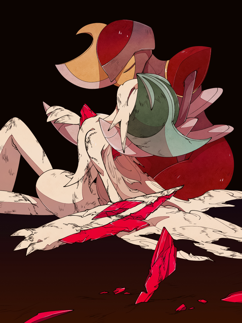 2others absurdres after_battle arm_blade armor bisharp black_background broken broken_armor broken_glass broken_weapon closed_eyes crack cracked_armor cracked_floor cracked_glass cracked_helmet defeat dirty dirty_clothes dirty_face facing_another facing_to_the_side gallade gem gen_4_pokemon gen_5_pokemon glass gradient_background green_hair green_helmet grey_helmet hand_on_another&#039;s_back hand_on_another&#039;s_hand hand_on_another&#039;s_neck hands_on_ground helmet highres injury knee_up kneeling leaning_back leaning_forward leaning_on_person mega_gallade mega_pokemon mohawk multiple_others nintendo on_ground pokemon pokemon_(creature) red_gemstone red_helmet shattered shoulder_pads umi-be-to weapon