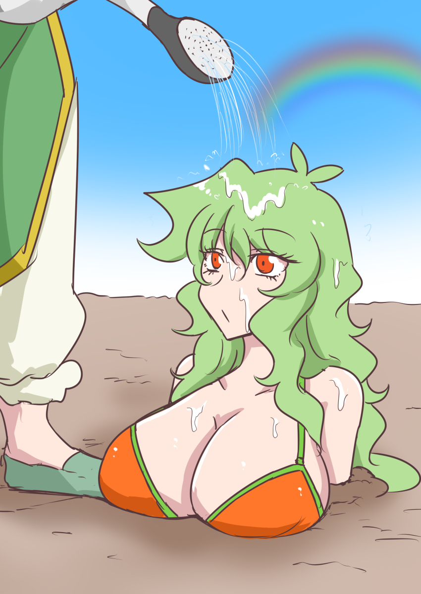 2girls absurdres bare_shoulders bikini blue_sky breasts burijittou cleavage day feet green_hair green_shoes highres hong_meiling huge_breasts kazami_yuuka large_breasts long_hair multiple_girls orange_bikini partially_buried rainbow red_eyes shoes sky soil solo swimsuit touhou water watering_can