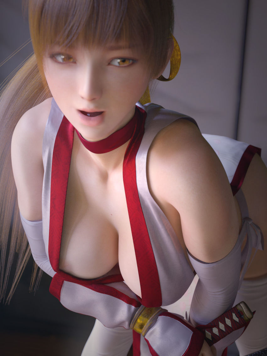 1girl 3d areola_slip bare_shoulders breasts brown_eyes brown_hair cleavage collarbone downblouse female_focus highres incise_soul japanese_clothes kasumi_(doa) leaning_forward long_hair m-rs medium_breasts ninja nipple_slip nipples panties solo standing tagme thighhighs underwear upper_body white_panties