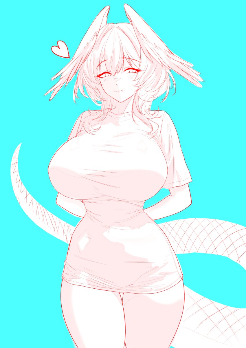 1girl absurdres arknights breasts cassava_sketch closed_mouth cowboy_shot fang feathered_wings hair_between_eyes head_wings heart highres ho&#039;olheyak_(arknights) large_breasts long_tail looking_at_viewer monochrome shirt sidelocks sketch skin_fang smile snake_tail solo tail tight_clothes wings