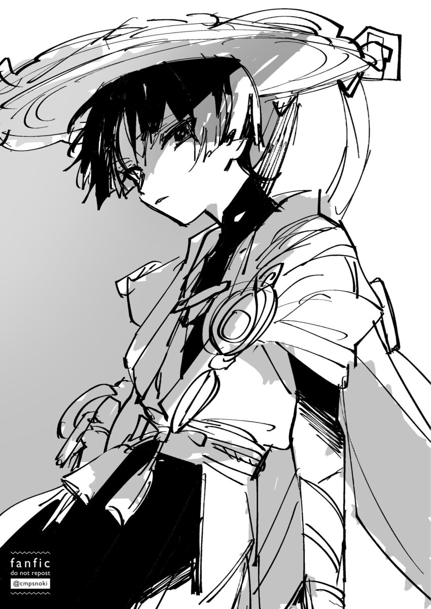 1boy arm_at_side armor blunt_ends bodysuit bow bridal_gauntlets cape cmpsnoki feathers furisode gem genshin_impact greyscale hat highres japanese_armor japanese_clothes jingasa kimono kote looking_at_viewer male_focus mandarin_collar monochrome parted_lips rope sash scaramouche_(genshin_impact) shorts sketch solo tassel three_quarter_view tsurime twitter_username wanderer_(genshin_impact) watermark wispy_bangs