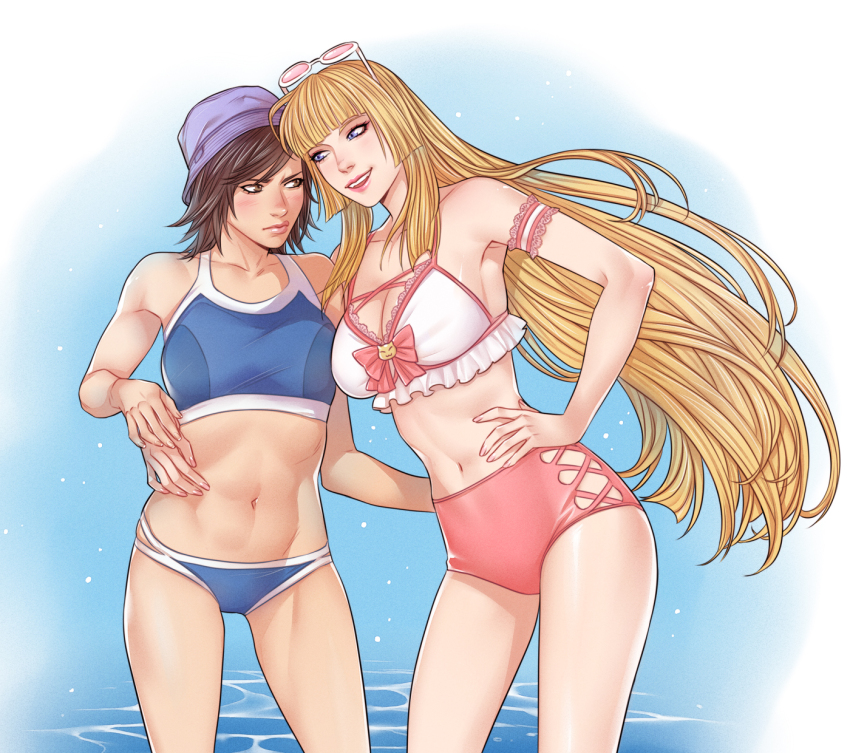 2girls abs bikini blonde_hair breasts brown_hair crylin6 emilie_de_rochefort hat highres kazama_asuka large_breasts long_hair multiple_girls short_hair sunglasses_on_head swimsuit tekken very_long_hair water