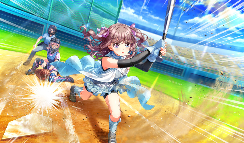 3girls aqua_gloves aqua_shirt aqua_skirt aqua_socks armband baseball baseball_bat baseball_glove baseball_stadium baseball_uniform belt bike_shorts_under_skirt black_belt black_footwear black_shorts black_undershirt blue_shirt blurry brown_eyes brown_footwear catcher&#039;s_mask catcher_(baseball) chest_protector cinderella_series cloud depth_of_field dust_cloud dutch_angle emphasis_lines fingerless_gloves game_cg gloves grey_pants hachigatsu_no_cinderella_nine hair_ribbon highres holding holding_baseball_bat imada_anju long_hair looking_ahead metal_baseball_bat multiple_girls non-web_source official_art on_one_knee open_mouth outdoors pants pink_hair pink_ribbon playing_sports purple_eyes purple_hair ribbon sakurada_chiyo satogahama_baseball_uniform shin_guards shirt shirt_under_shirt short_sleeves shorts skirt sky sleeveless sleeveless_shirt socks solo_focus sportswear standing striped_clothes striped_shirt sweat two_side_up umpire v-shaped_eyebrows vertical-striped_clothes vertical-striped_shirt wavy_hair