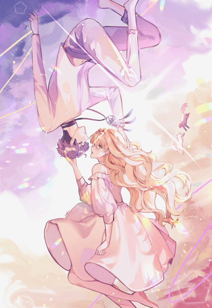 1boy 1girl absurdres black_hair black_pants blonde_hair cloud dress floating_hair formal_clothes green_eyes hair_behind_ear hand_on_another&#039;s_head highres jewelry joey_ruvoa layla_alstroemeria long_hair navel necklace nijisanji nijisanji_id open_mouth pants purple_eyes reza_avanluna shirt suit undercut virtual_youtuber white_dress white_shirt wolf