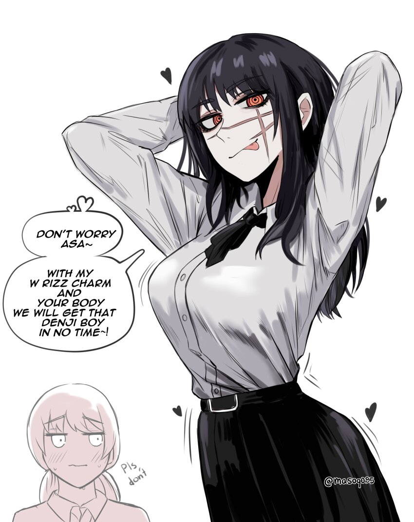 2girls absurdres arms_behind_head belt belt_skirt black_hair black_ribbon black_skirt blush breasts buttons chainsaw_man collared_shirt dress_shirt english_text fourth_east_high_school_uniform heart highres large_breasts long_hair long_sleeves looking_at_viewer masoq mitaka_asa multiple_girls neck_ribbon pleated_skirt red_eyes ribbon ringed_eyes scar scar_across_eye scar_on_face school_uniform shirt sidelocks simple_background skirt slang speech_bubble tongue tongue_out twintails twitter_username upper_body white_background white_shirt yoru_(chainsaw_man)