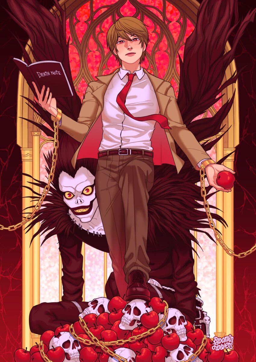 2boys apple artist_name belt bloominflowers book brown_belt brown_hair brown_jacket brown_pants brown_shoes chain collared_shirt death_note death_note_(object) food fruit gold_chain highres holding holding_book jacket multiple_boys necktie open_clothes open_jacket pants red_necktie ryuk shinigami shirt shoes short_hair skull white_shirt yagami_light