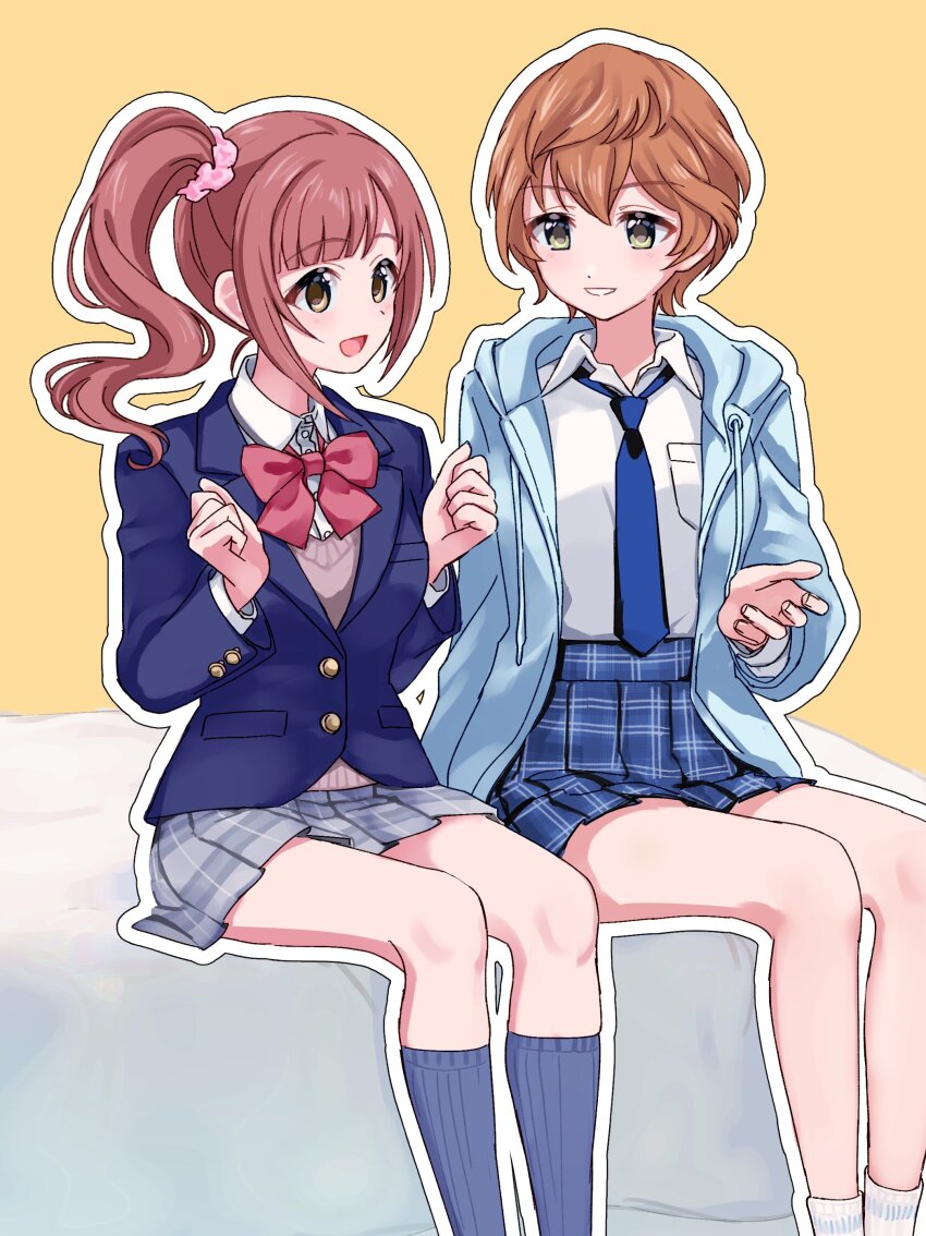 2girls absurdres black_skirt blazer blue_jacket blue_necktie blush bow bowtie brown_hair commentary_request feet_out_of_frame grey_skirt grey_socks highres hood hooded_jacket idolmaster idolmaster_cinderella_girls igarashi_kyoko jacket kanipoposu kneehighs multiple_girls necktie orange_hair outline plaid_clothes plaid_skirt pleated_skirt red_bow red_bowtie school_uniform shirt short_hair side_ponytail sitting skirt smile socks white_outline white_shirt white_socks yellow_background yoshioka_saki