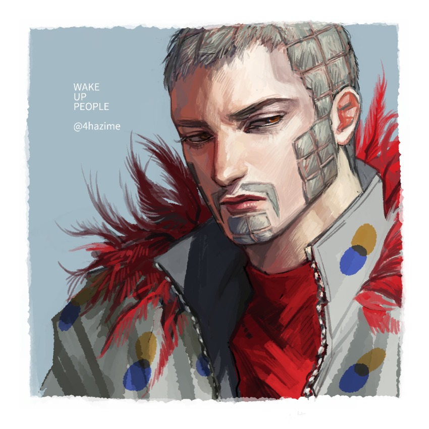 1boy facial_hair goatee grey_hair jacket jojo_no_kimyou_na_bouken male_focus meron_nouka mustache red_eyes solo steel_ball_run turtleneck twitter_username upper_body wekapipo white_border