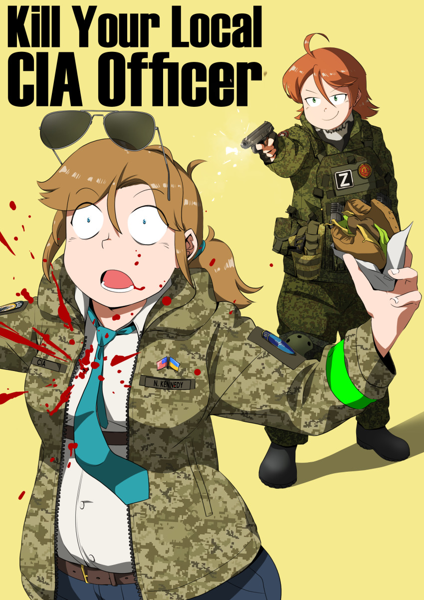 absurdres american_flag ammunition_pouch artist_request aviator_sunglasses azov boots breasts burger central_intelligence_agency combat_boots east_germany emr_camouflage execution food gun handgun highres knee_pads makarov_pm medium_breasts military_uniform naomi_kennedy nato non-web_source office_lady plump pouch propaganda russo-ukrainian_war semi-automatic_pistol smug sunglasses ukrainian_flag valerie_baumer_(wlcw) wagner_group we_love_cold_war weapon z_(russian_symbol)