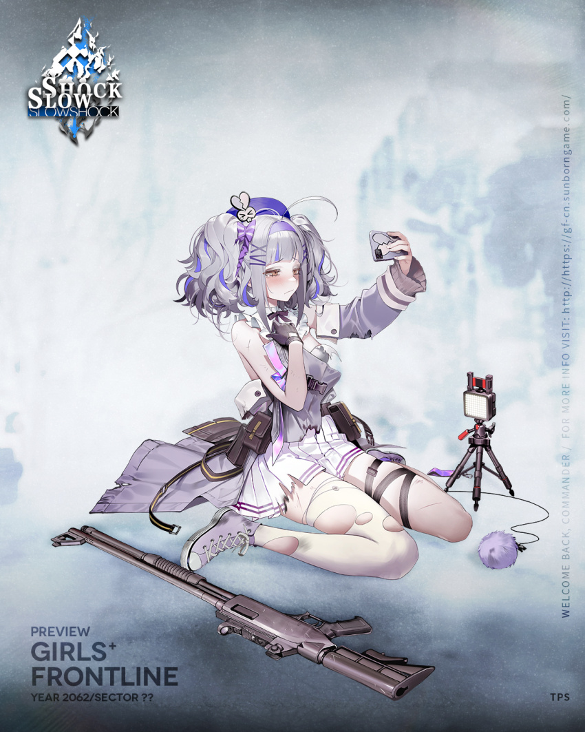 1girl ahoge artist_request asymmetrical_legwear belt_pouch black_gloves blue_hair blunt_bangs broken_heart_print buckle cape character_name check_artist chest_strap collar commentary copyright_name detached_collar detached_sleeves english_commentary fingernails fn_tps frilled_collar frills frown full_body girls&#039;_frontline gloves grey_hair gun hair_ornament hairband half-closed_eyes highres holding holding_phone light medium_hair multicolored_hair official_art outstretched_arm phone pleated_skirt pouch purple_hairband purple_headwear purple_shoes purple_socks s.joop scratches second-party_source selfie shoes shotgun sidelocks single_detached_sleeve single_sock single_tear single_thighhigh sitting skirt snap-fit_buckle sneakers socks solo strapless thigh_strap thighhighs torn_cape torn_clothes torn_skirt torn_sleeve torn_thighhighs torn_tube_top tps_(girls&#039;_frontline) tripod tube_top twintails waist_cape wariza watermark wavy_hair weapon weapon_on_floor web_address white_skirt white_thighhighs white_tube_top x_hair_ornament yellow_eyes