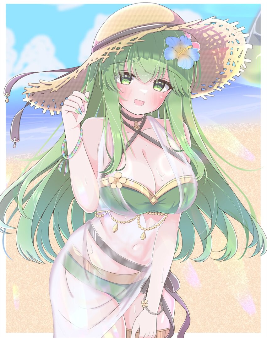 1girl asage_(asgsn) bare_shoulders beach bikini blush breasts cleavage criss-cross_halter fire_emblem fire_emblem_echoes:_shadows_of_valentia fire_emblem_heroes flower green_bikini green_eyes green_hair green_nails hair_flower hair_ornament halterneck hat highres jewelry large_breasts long_hair medium_breasts nail_polish navel nintendo official_alternate_costume open_mouth palla_(fire_emblem) palla_(summer)_(fire_emblem) sarong see-through_clothes see-through_sarong smile solo stomach straw_hat sun_hat swimsuit thighlet water