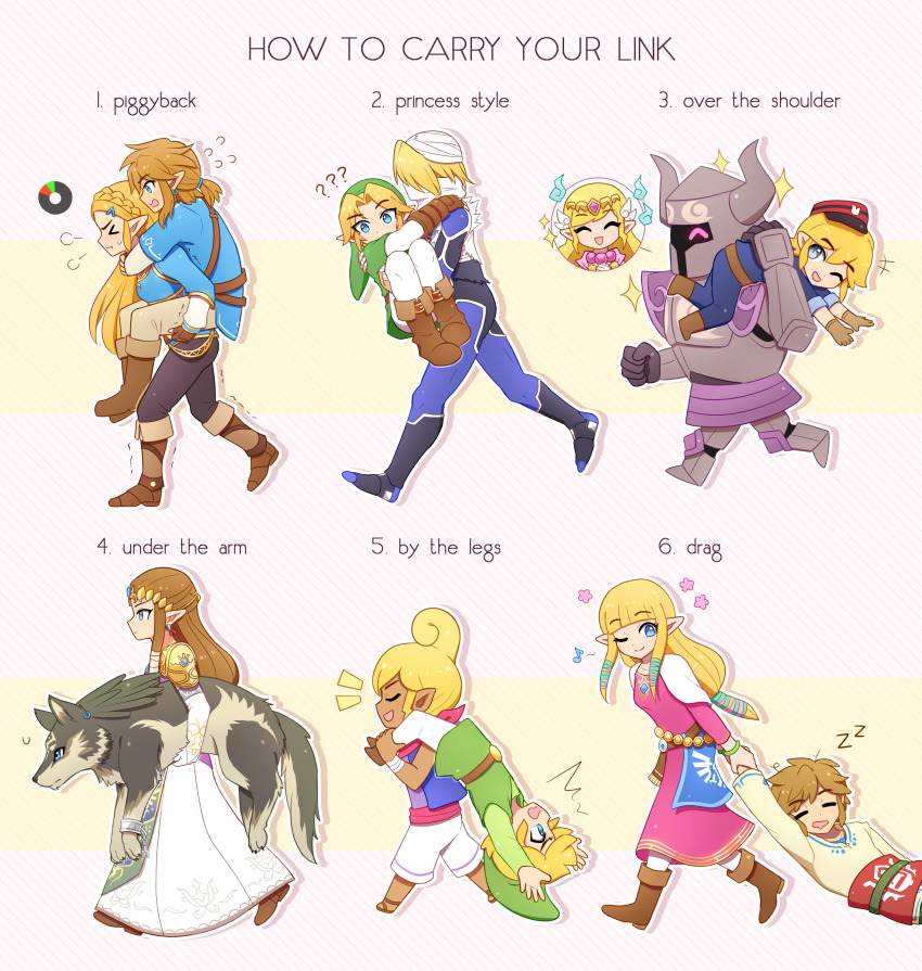 &gt;_&lt; +++ 5boys 6+girls :t ;) ;d ? ?? ^^^ ^_^ absurdres armor blonde_hair blunt_bangs boots brown_boots brown_gloves brown_hair carrying carrying_over_shoulder carrying_under_arm champion&#039;s_tunic_(zelda) closed_eyes closed_mouth commentary dark-skinned_female dark_skin dragging dress drooling earrings english_commentary english_text enni flying_sweatdrops from_side gameplay_mechanics gloves green_hat green_tunic happy hat heavy highres jewelry link long_dress long_hair long_sleeves mouth_drool multiple_boys multiple_girls multiple_persona musical_note nintendo notice_lines one_eye_closed open_mouth pantyhose phantom_(zelda) piggyback pink_dress pointy_ears princess_carry princess_zelda red_hat scarf sheik shirt sidelocks sleeping smile sparkle speech_bubble struggling sweat tetra the_legend_of_zelda the_legend_of_zelda:_breath_of_the_wild the_legend_of_zelda:_ocarina_of_time the_legend_of_zelda:_skyward_sword the_legend_of_zelda:_spirit_tracks the_legend_of_zelda:_the_wind_waker the_legend_of_zelda:_twilight_princess tiara toon_link toon_zelda trembling tunic walking white_shirt wolf wolf_link young_link zzz
