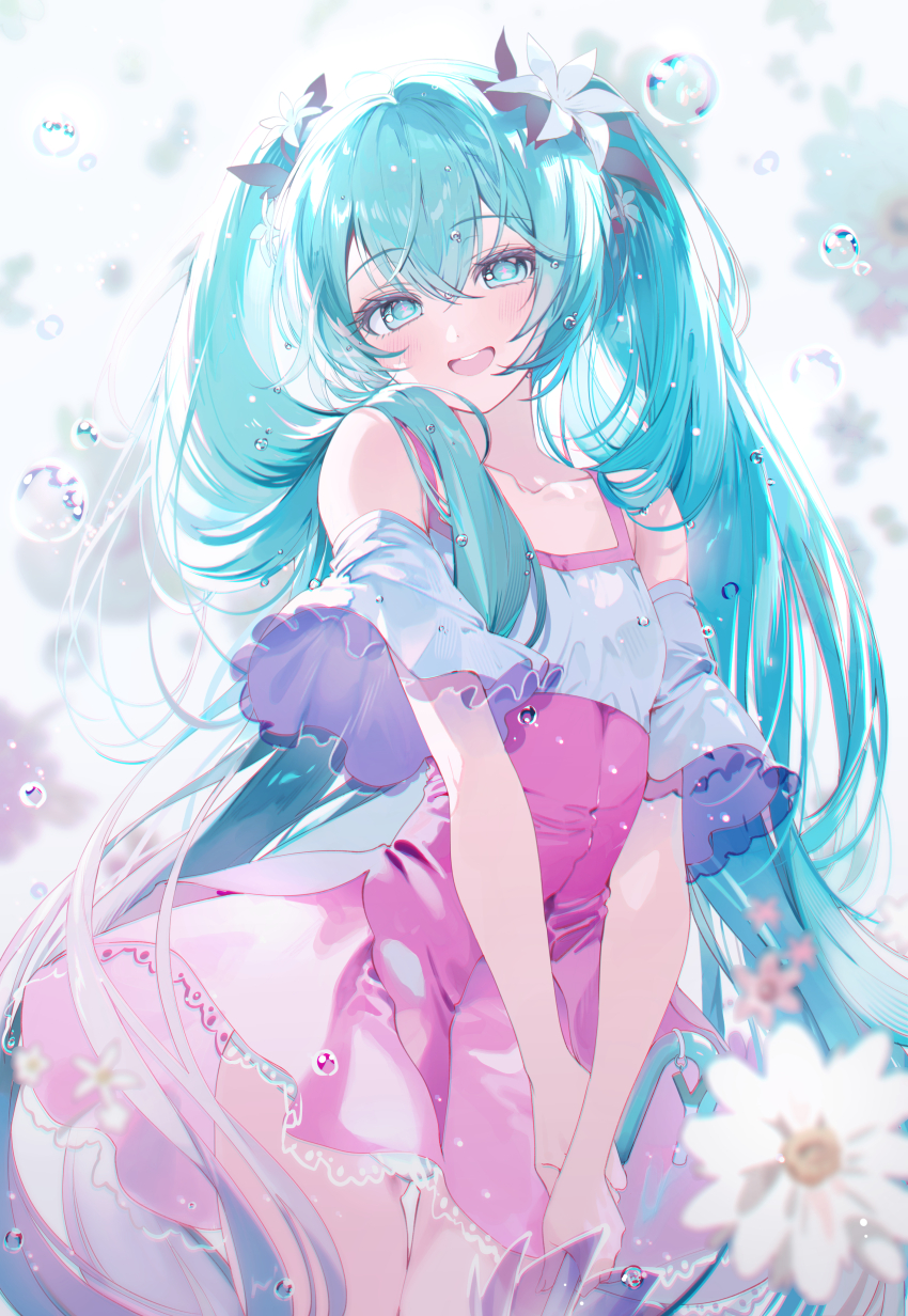 :d a20_(atsumaru) absurdres aqua_eyes aqua_hair bare_shoulders blush charm_(object) closed_umbrella collarbone commentary cowboy_shot dress flower frilled_sleeves frills gluteal_fold hair_flower hair_ornament hatsune_miku highres holding holding_umbrella lace lace-trimmed_dress lace_trim long_hair looking_at_viewer melt_(vocaloid) open_mouth smile teeth twintails umbrella upper_teeth_only very_long_hair vocaloid water_drop white_flower wide_sleeves