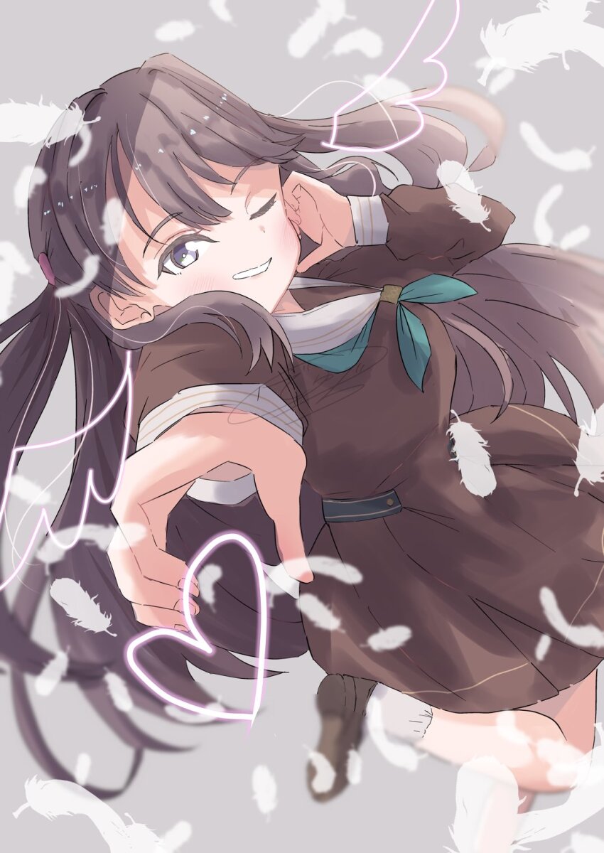 1girl ;d aqua_neckerchief blush brown_dress brown_hair brown_shoes commentary_request dhuno_g drawn_heart drawn_wings dress falling_feathers feathers foot_out_of_frame fujishima_megumi grey_background grey_eyes grin half-heart_hands hasu_no_sora_school_uniform heart highres leg_up link!_like!_love_live! loafers long_sleeves looking_at_viewer love_live! neckerchief one_eye_closed open_mouth sailor_collar sailor_dress school_uniform shoes smile socks virtual_youtuber white_feathers white_sailor_collar white_socks winter_uniform