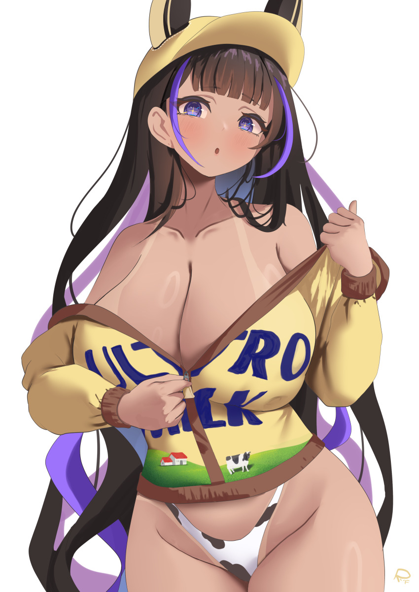 1girl absurdres animal_ears animal_print azur_lane bikini bikini_bottom_only blush breasts brown_hair cleavage cleopatra_(azur_lane) commentary cow_print cow_print_bikini dark-skinned_female dark_skin english_commentary highres holding jackal_ears jacket large_breasts long_hair looking_at_viewer multicolored_hair partially_unzipped print_bikini purple_eyes purple_hair riflech simple_background solo swimsuit symbol-shaped_pupils tan tanline white_background yellow_jacket