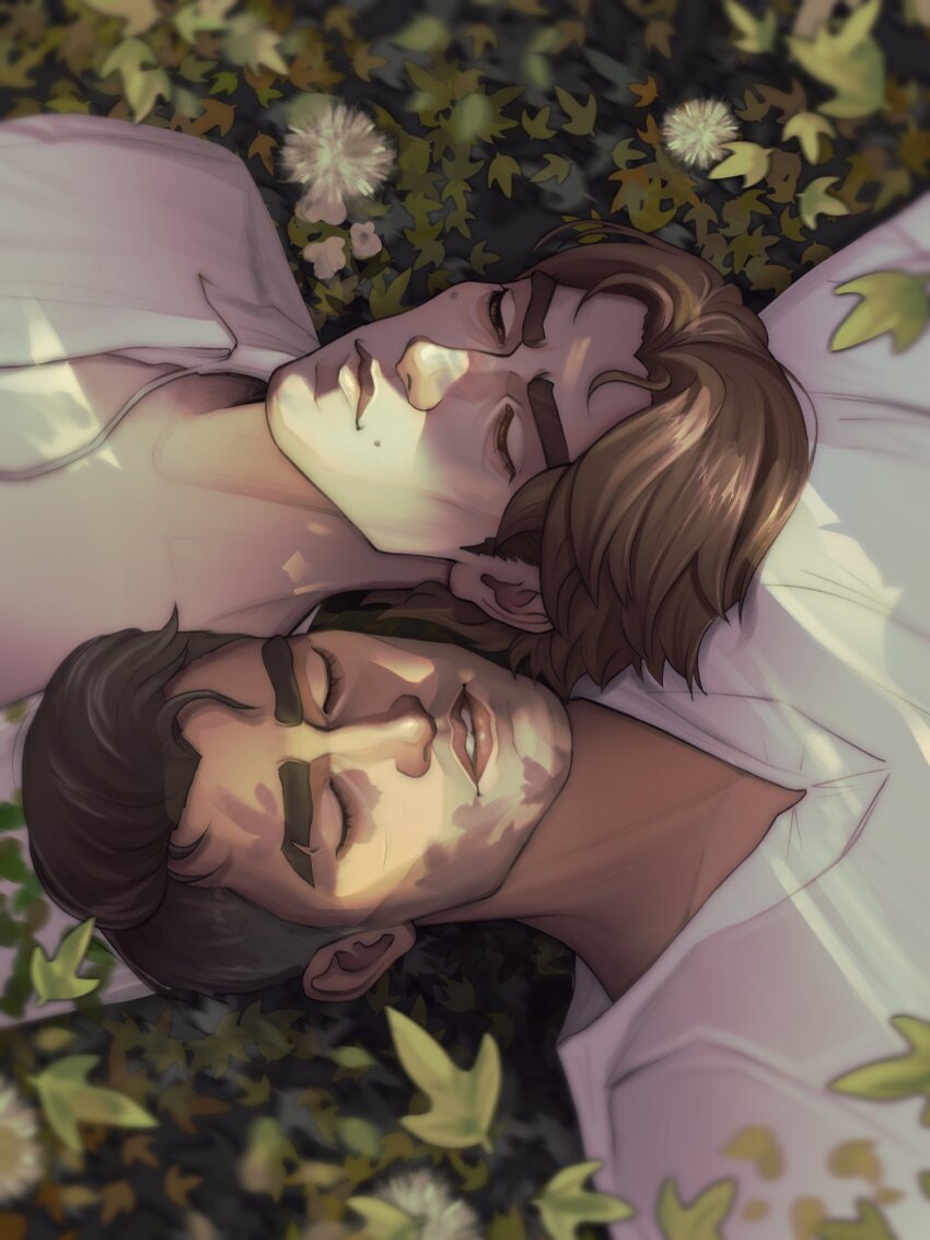 2boys arcane:_league_of_legends arcane_jayce brown_hair closed_mouth commentary dappled_sunlight english_commentary eyelashes gloriousjvk head_on_another&#039;s_shoulder highres jayce_(league_of_legends) leaf league_of_legends lying male_focus multiple_boys on_back open_clothes open_collar open_shirt parted_bangs parted_lips shirt short_hair sunlight thick_eyebrows upper_body viktor_(arcane) viktor_(league_of_legends) white_shirt