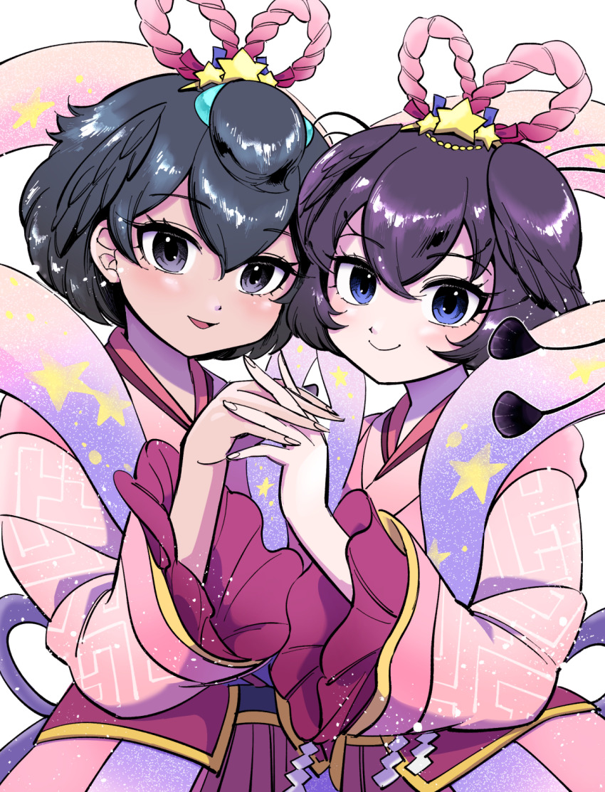 2girls alternate_costume bird_girl bird_wings cosplay frilled_shawl frills hagoromo hair_rings head_wings highres interlocked_fingers japanese_clothes kemono_friends kemono_friends_3 kimono looking_at_viewer multiple_girls orihime_(cosplay) orihime_(tanabata) pink_kimono sash shawl short_hair superb_bird-of-paradise_(kemono_friends) tanabata western_parotia_(kemono_friends) wide_sleeves wings yokuko_zaza