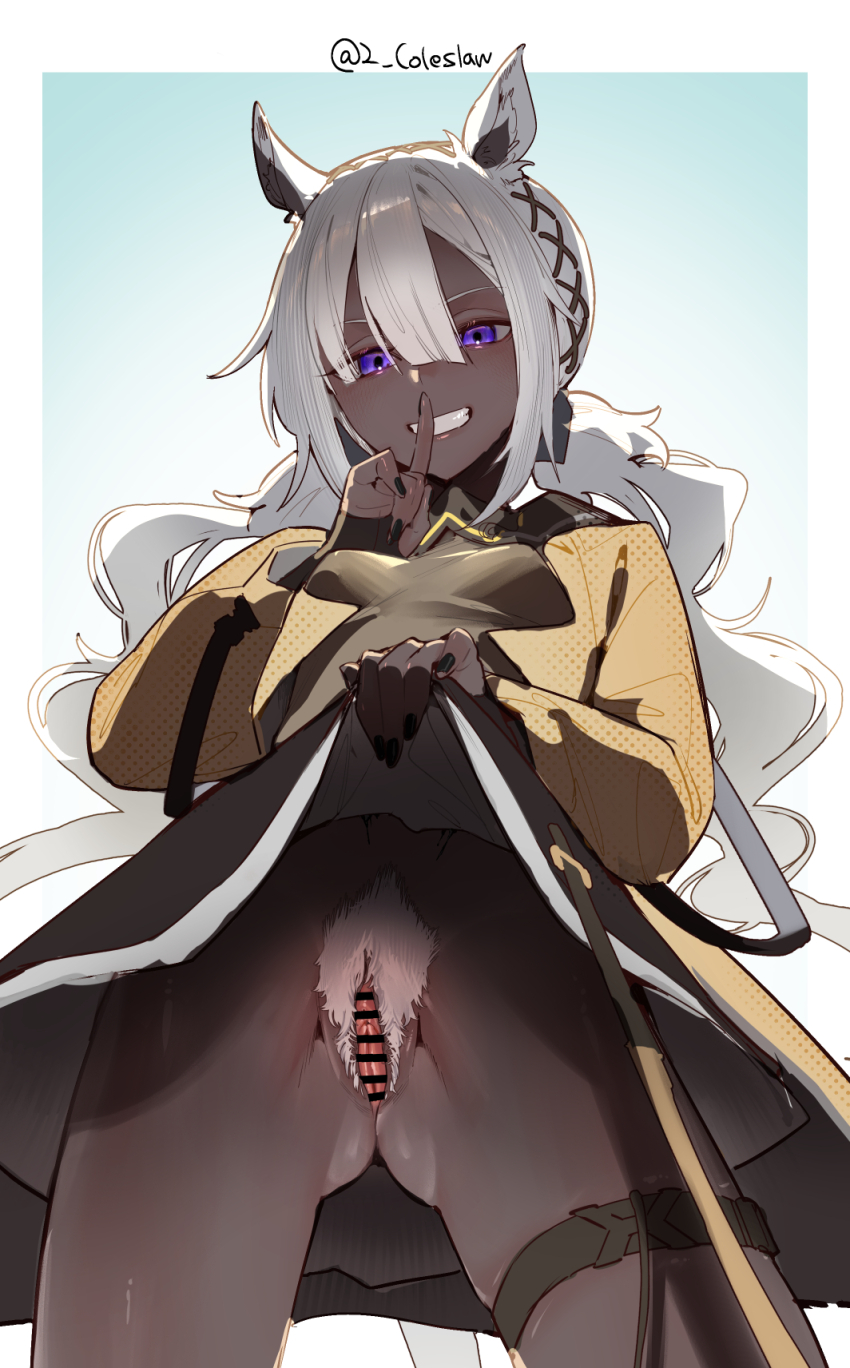 1girl arknights bar_censor black_nails camel_ears censored clothes_lift cowboy_shot dark-skinned_female dark_skin dress dress_lift female_pubic_hair finger_to_mouth fingernails grin hair_between_eyes highres lifting_own_clothes long_fingernails long_hair looking_at_viewer mirin_chikuwa pubic_hair purple_eyes pussy shushing smile solo tuye_(arknights) white_hair