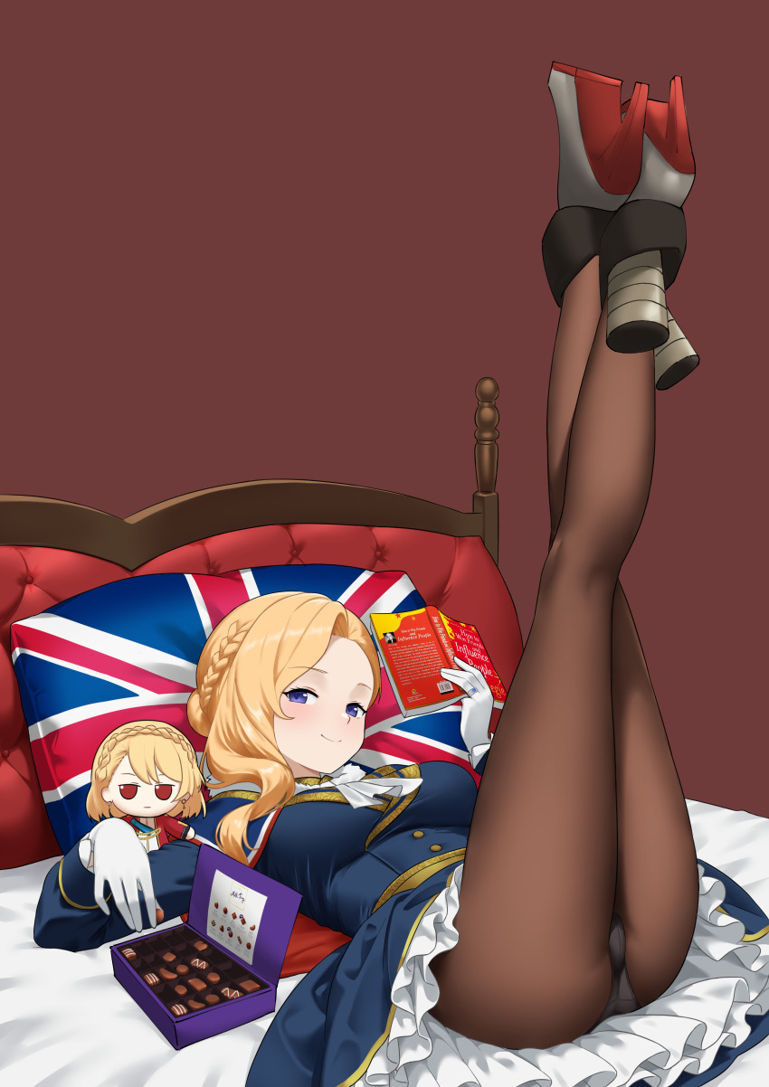 1girl absurdres ascot azur_lane blonde_hair blue_dress blue_eyes book box box_of_chocolates breasts character_doll chocolate closed_mouth dress food frilled_dress frills full_body fumo_(doll) gloves grey_shoes high_heels highres holding holding_book holding_chocolate holding_food hood_(azur_lane) jewelry legs_up looking_at_viewer medium_breasts no_headwear on_bed pantyhose parallelrey pillow prince_of_wales_(azur_lane) ring shoes smile solo union_jack_print wedding_ring white_ascot white_gloves
