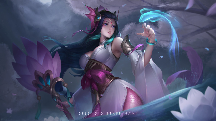 1girl alternate_costume alternate_hair_color black_hair blue_eyes bracelet cleavage detached_sleeves earrings facial_mark facing_viewer flower forehead_mark furisode headpiece highres japanese_clothes jewelry kimono koi league_of_legends long_hair looking_to_the_side mermaid monster_girl nami_(league_of_legends) obi sash splendid_staff_nami staff starry-hp very_long_hair water