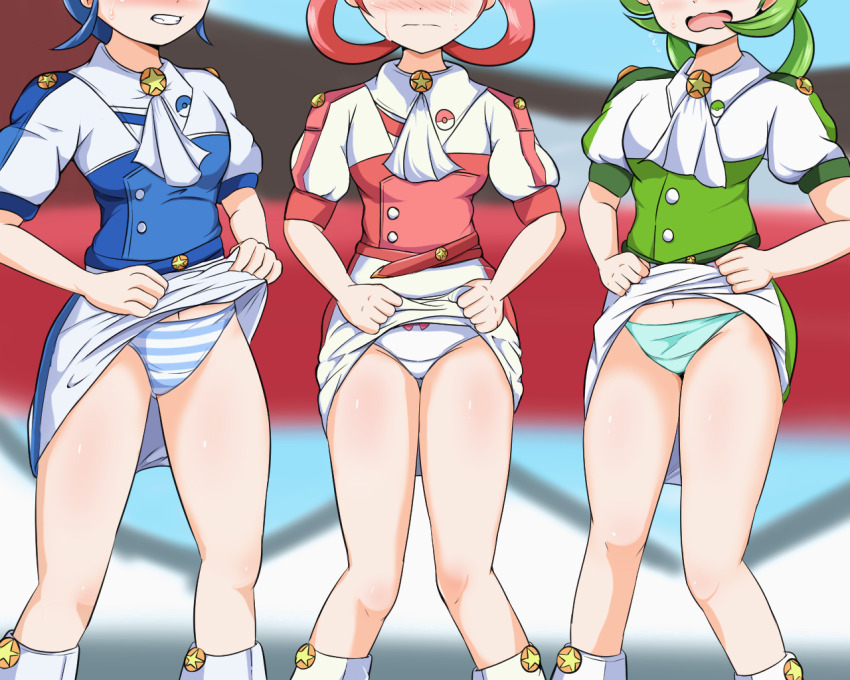 3girls ascot blue_hair blurry blurry_background blush bow bow_panties clenched_teeth closed_mouth clothes_lift crying embarrassed female_focus flying_sweatdrops green_hair green_panties kaimu_(qewcon) lifting_own_clothes multiple_girls navel nintendo open_mouth panties pink_hair pokemon pokemon_masters_ex puffy_short_sleeves puffy_sleeves short_sleeves standing striped_clothes striped_panties tears teeth thighs tricia_(pokemon) trinnia_(pokemon) trista_(pokemon) underwear white_ascot white_panties