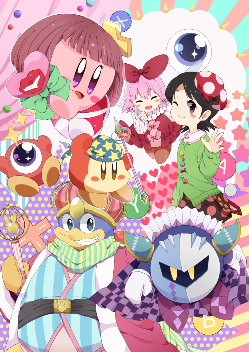 +_+ 2girls :d ;) adeleine bandana bandana_waddle_dee bird black_hair black_skirt blush_stickers brown_eyes buttons closed_eyes green_sweater hair_ornament hand_up hat heart highres king_dedede kirby kirby&#039;s_dream_land kirby_(series) kracko mask meta_knight multiple_girls nintendo one_eye_closed open_mouth penguin polka_dot ponto1588 red_hat ribbon_(kirby) skirt smile staff star_(symbol) sweater tilted_headwear waddle_doo wig x_hair_ornament