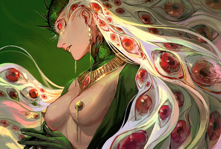 1girl breasts colored_eyelashes dark-skinned_female dark_skin earrings extra_eyes green_background highres jewelry long_hair looking_to_the_side medium_breasts momomo_906 nipple_jewelry original own_hands_together parted_lips red_eyes solo upper_body very_long_hair