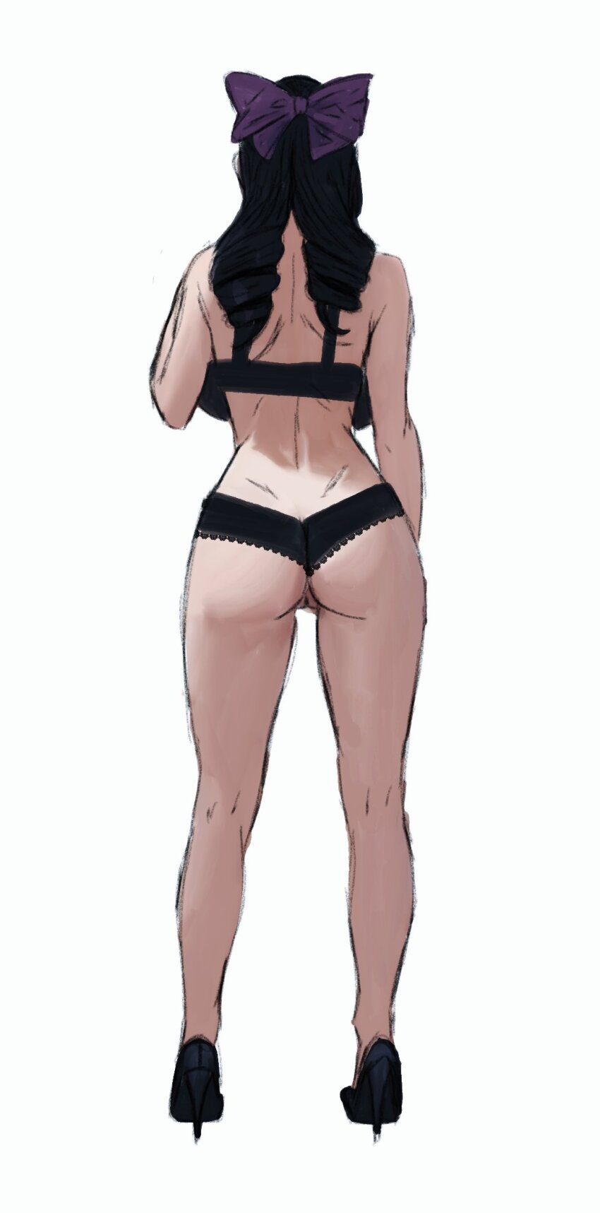 arue_(konosuba) ass back bare_hips black_hair bow breasts high_heels highres huge_ass kono_subarashii_sekai_ni_shukufuku_wo! purple_bow sketch themaker twirling_hair underwear