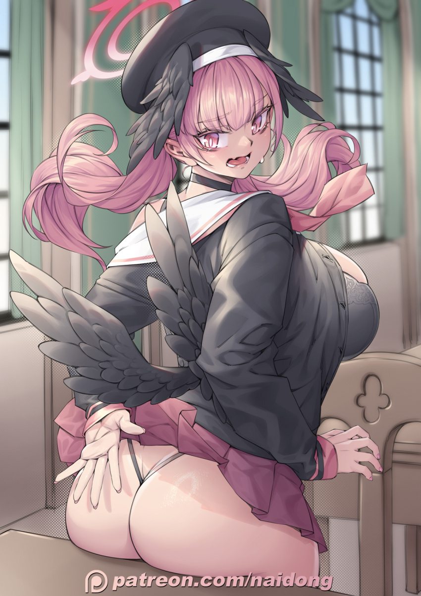 1girl age_progression alternate_breast_size ass black_bra black_wings blue_archive blurry blurry_background bra breasts butt_crack chair embarrassed fang halo hat highres huge_ass koharu_(blue_archive) large_breasts long_hair looking_back naidong_(artist) pink_eyes pink_hair sweatdrop table twintails underwear window wings