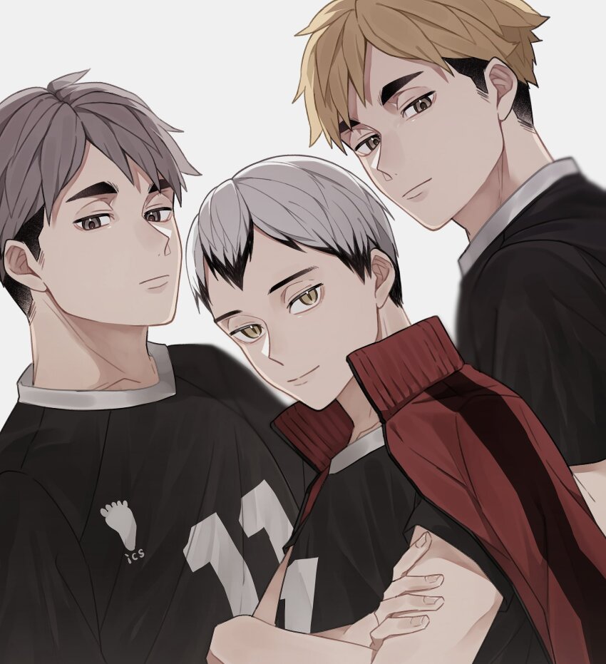 3boys black_hair black_shirt brothers brown_eyes collared_jacket colored_tips commentary_request crossed_arms double-parted_bangs eringi895 facial_hair grey_hair haikyuu!! hair_between_eyes highres jacket jacket_on_shoulders kita_shinsuke looking_ahead looking_at_viewer male_focus miya_atsumu miya_osamu multicolored_hair multiple_boys popped_collar red_jacket shirt short_sleeves siblings sideburns sideburns_stubble simple_background slit_pupils sportswear striped_clothes striped_jacket stubble twins two-tone_hair vertical-striped_clothes vertical-striped_jacket volleyball_uniform white_background